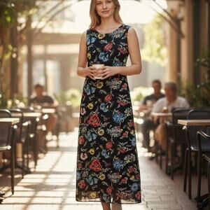 Evan Picone Size 12 Black Floral Sleeveless Chiffon Sheath Maxi Dress